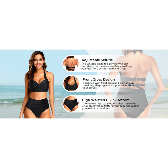 Tempt Me Two Piece Vintage Retro Halter Ruched High Waist Bikini Swimsuit Set - Picture 6 of 7
